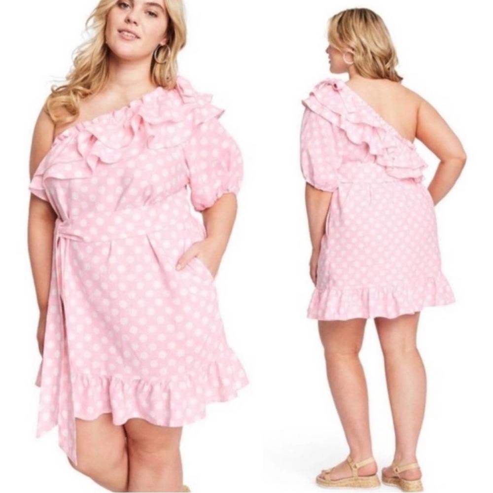 Lisa Marie Fernandez x Target One Shoulder Ruffle Pink White Polka Dot Dress